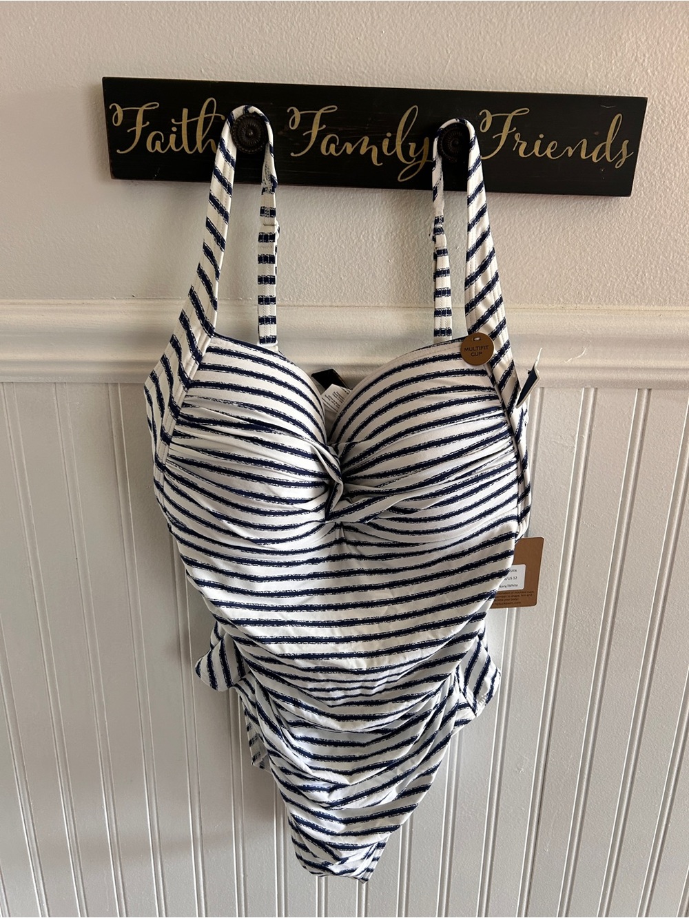 Nip Tuck Swim Suit. Navy & White Striped One-Piece Swimsuit with Twist Front